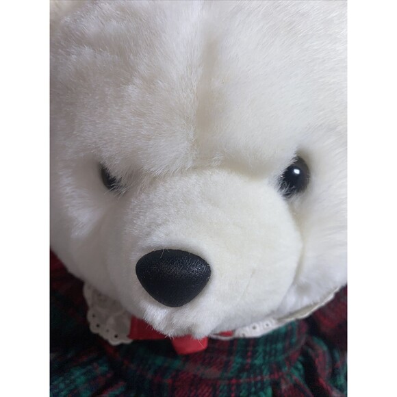 Vintage Jingle Bear Girl Christmas Plush Stuffed White Teddy Bear Holiday Plaid - Picture 3 of 7